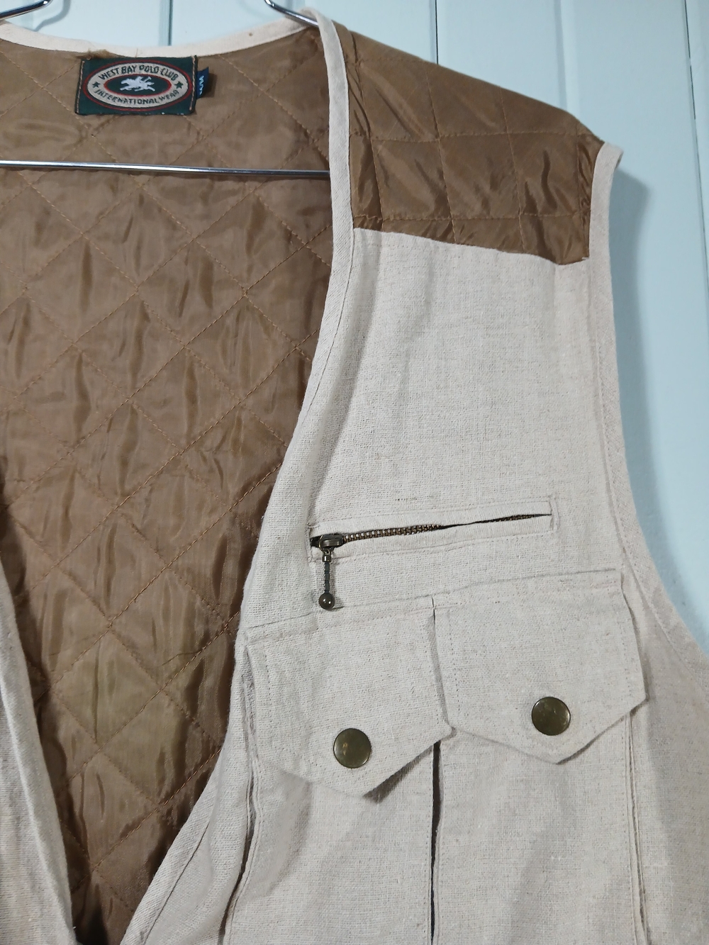 Men's Beige Utility Fishing Vest with Brown Trim - Picture 2 of 9